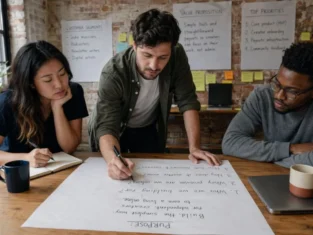 Strategy for startups image of a small startup team in a focused planning session, reviewing a handwritten purpose statement and strategic questions around a shared table in a lean early-stage workspace.