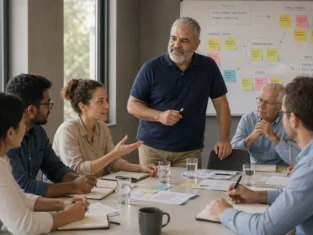 Facilitator leading a structured business workshop with a diverse leadership team in a modern meeting room, as a participant speaks and others listen attentively, with sticky notes and a planning framework on the whiteboard, illustrating professional facilitation, team alignment, strategic discussion, and collaborative decision-making.