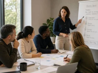 Facilitator guiding a small diverse team through a focused Decision Sprint workshop in a meeting room, with a slightly blurred flip chart and shared working notes on the table.