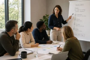 An indoor scene of a small business team engaged in solving business problems. A female facilitator stands next to a flipchart whiteboard that outlines a 