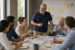Facilitator leading a structured business workshop with a diverse leadership team in a modern meeting room, as a participant speaks and others listen attentively, with sticky notes and a planning framework on the whiteboard, illustrating professional facilitation, team alignment, strategic discussion, and collaborative decision-making.