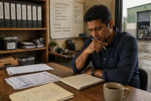 Small business owner in an industrial back-office using design thinking for small businesses, reviewing customer feedback and operational reports to identify problems, question assumptions, and make better decisions, with notes, files, coffee mug, and warehouse yard in the background.