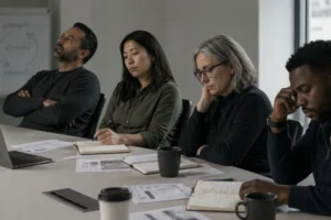 A leadership team in discussion around a table — illustrating why recurring business problems persist without a structured process.