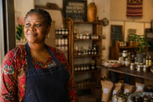 South African entrepreneur in her retail space, demonstrating the results of a purpose-led strategy for small businesses in providing clear direction for business owners.