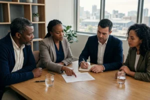 Leadership team in an SME strategy meeting discussing governance, strategic planning and accountability under King V for SMEs in a modern South African office.