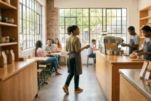 Small business owner applying small business strategy in a busy, well-run South African café.