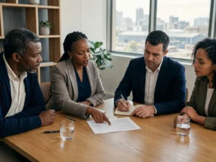 Leadership team in an SME strategy meeting discussing governance, strategic planning and accountability under King V for SMEs in a modern South African office.