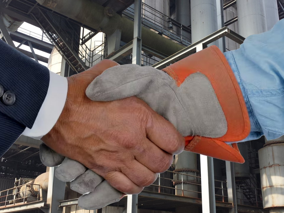 Untitled design-4 Manager in suit shaking hands with worker in overalls symbolising healthy labour management relations