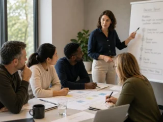An indoor scene of a small business team engaged in solving business problems. A female facilitator stands next to a flipchart whiteboard that outlines a 