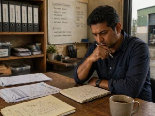Small business owner in an industrial back-office using design thinking for small businesses, reviewing customer feedback and operational reports to identify problems, question assumptions, and make better decisions, with notes, files, coffee mug, and warehouse yard in the background.