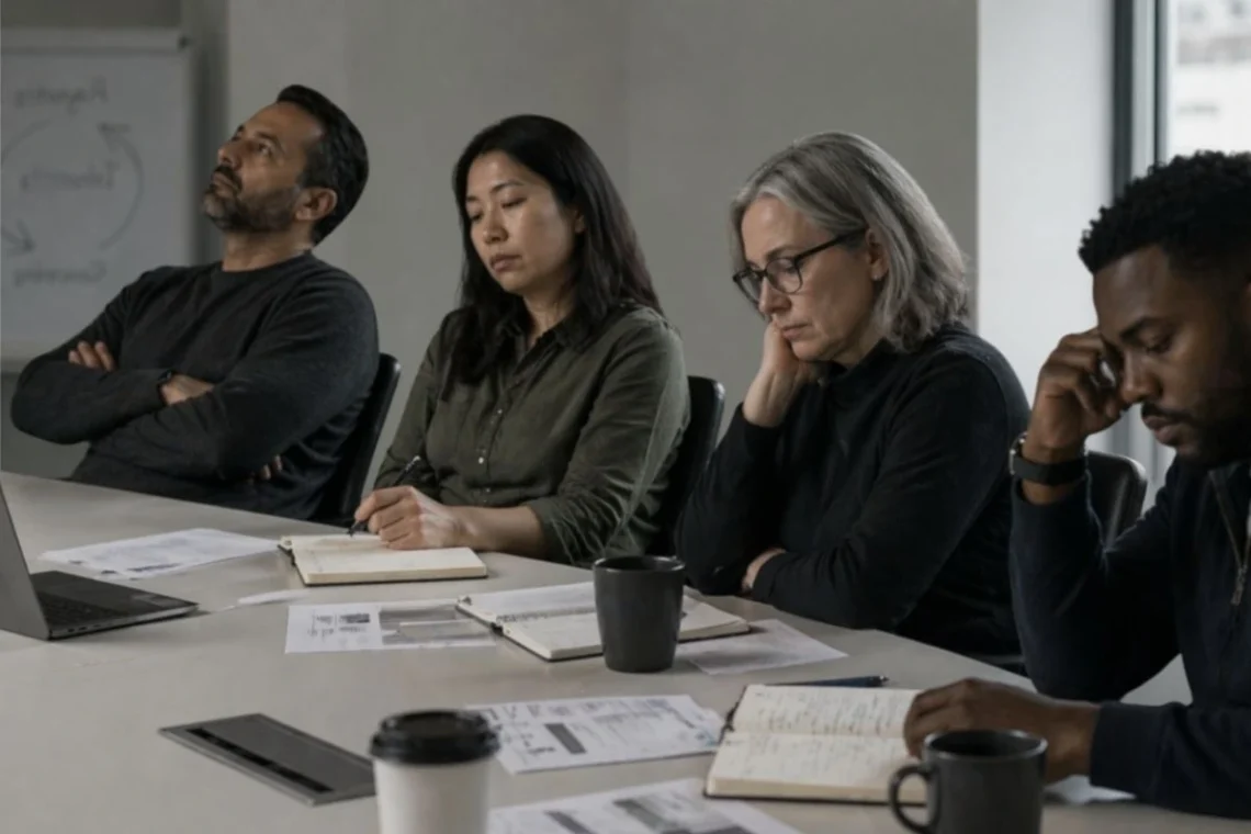 A leadership team in discussion around a table — illustrating why recurring business problems persist without a structured process.