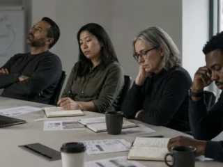 A leadership team in discussion around a table — illustrating why recurring business problems persist without a structured process.