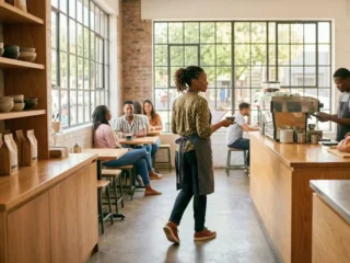 Small business owner applying small business strategy in a busy, well-run South African café.