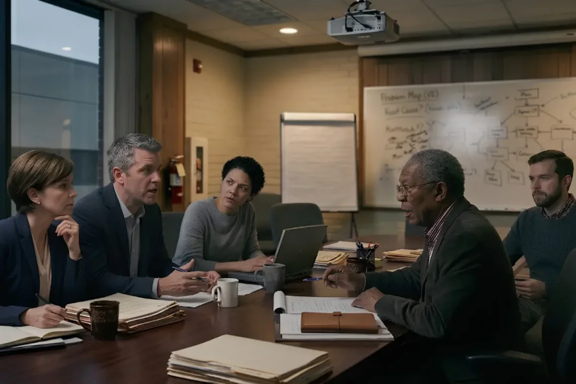 Leadership team discussing a complex business challenge and working to avoid solving the wrong problem during a strategic decision-making meeting, with a problem map displayed on a whiteboard.