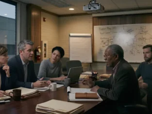 Leadership team discussing a complex business challenge and working to avoid solving the wrong problem during a strategic decision-making meeting, with a problem map displayed on a whiteboard.