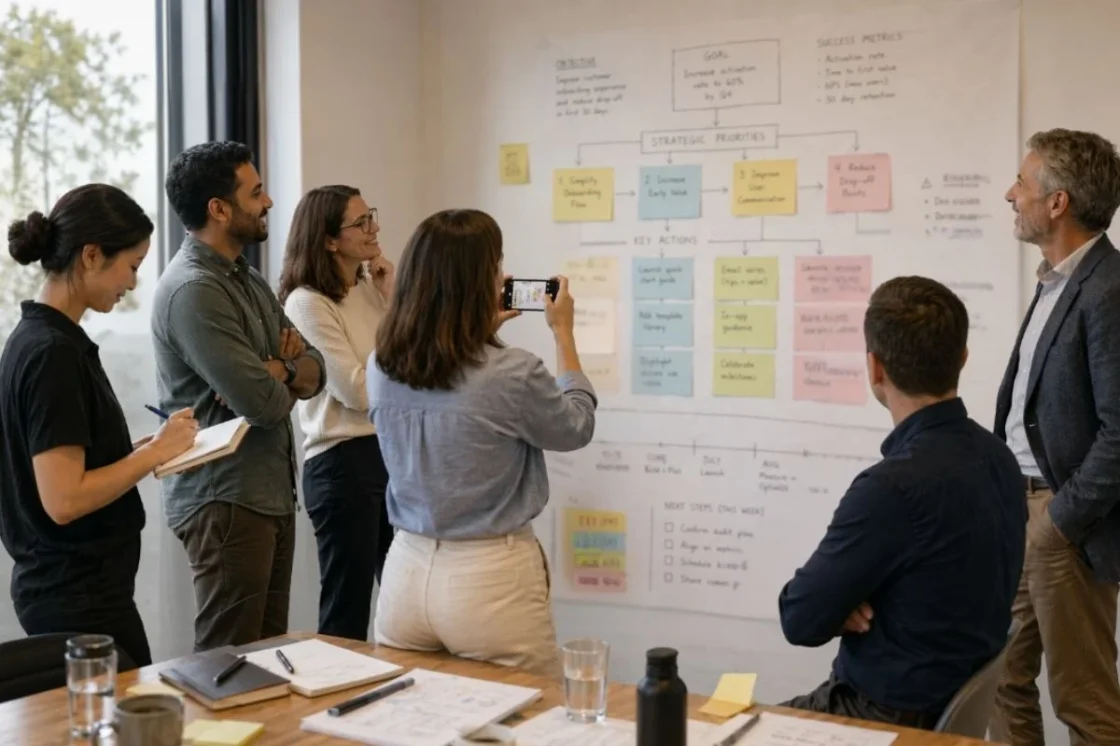 workshop Professionals in a facilitated workshop reviewing a completed action plan, capturing agreed priorities, decisions, and next steps in a meeting room.