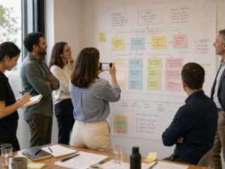 Professionals in a facilitated workshop reviewing a completed action plan, capturing agreed priorities, decisions, and next steps in a meeting room.